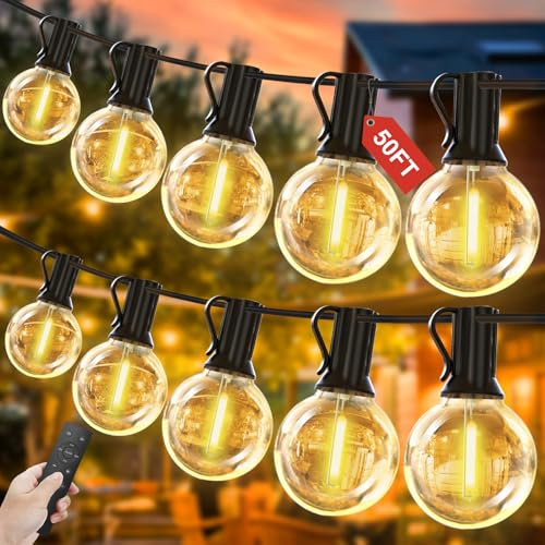 Bomcosy Outdoor String Lights Dimmable 50FT, 15M LED Festoon Lights with Remote Control Mains Powered with 26 Shatterproof G40 Plastic Bulbs, Waterproof Garden Light