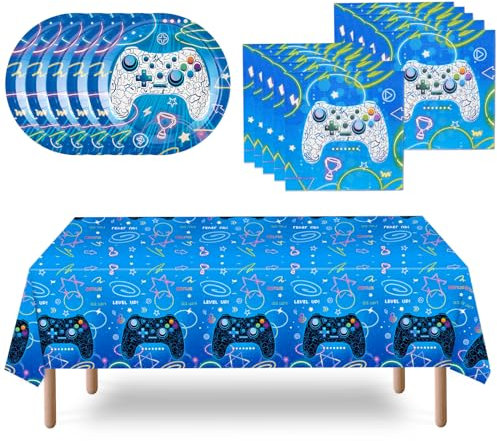 WERNNSAI Videospiel Partyzubehör Set Einweg Tisch Gaming Themendekoration Familienspiele Nachtparty Tischdecke Teller Servietten für Kinder Jungen Gamer Liebhaber Geburtstagsparty für 16 Gäste