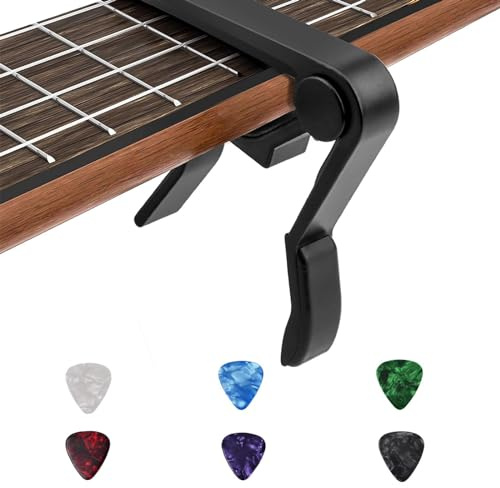 NIYATA Kapodaster für klassische Gitarre, Kapodaster für E-Gitarre, mit 6 Plektren, für klassische und elektrische Gitarren, Ukulele, Schwarz