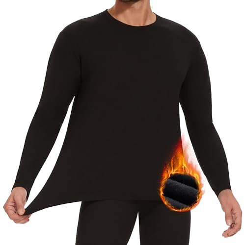 HIPOWER Thermal Top for Men Long Sleeve T Shirt Base Layer Fleece Lined Lightweight Winter Warm Underwear for Wokerwear Outdoor Sports Running Hiking(Black XXL)