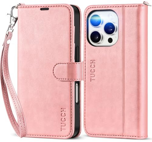 TUCCH Flip Case for iPhone 16 Pro (6.3) 2024, PU Leather Wallet Case with Wrist Strap, RFID Blocking, Card Slot, Shockproof TPU, Viewing Stand, Magnetic Folding Folio Cover for Women Men, Rose Gold