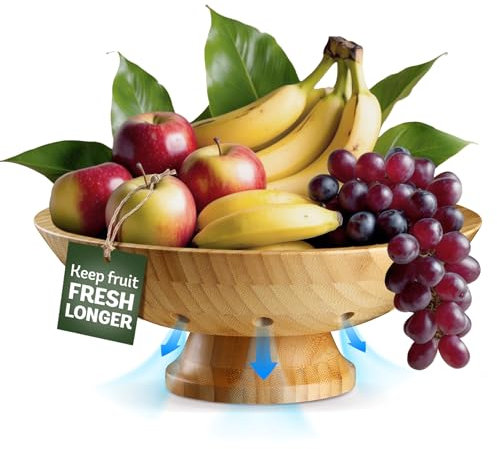 Wooden Fruit Bowl for Kitchen Counter, Bamboo Pedestal Fruit Basket, Vented