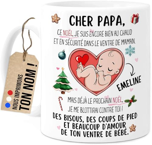 Cupdarling® Mug Futur Papa Personnalisé - Cher Papa Ce Noël Je Suis Dans Le Ventre De Maman - Tasse Cadeau Noël - 330 mL Céramique