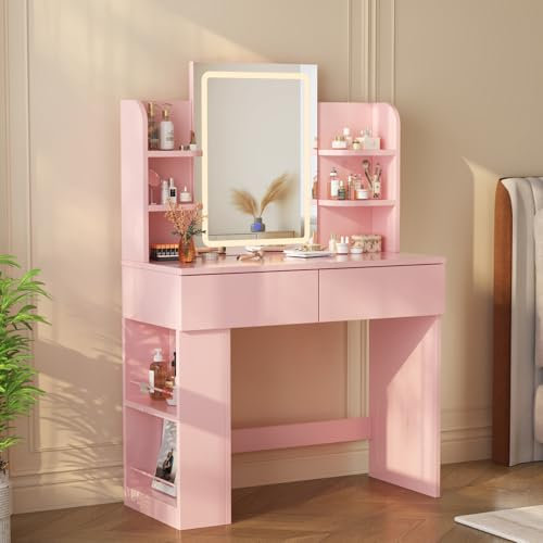 Devoko Schminktisch mit LED-Beleuchtung Spiegel, 3 Farben Verstellbarer Helligkeit, Frisiertisch mit 2 Schubladen, 4 Ablageböden, Modern, 90 x 40 cm für das Schlafzimmer, Rosa