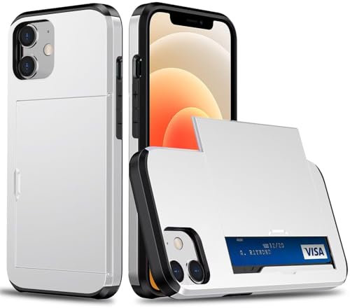 Coque Portefeuille pour iPhone 12 mini/iPhone 13 mini avec Porte-Cartes, Étui de Protection Téléphone Double Couche Antichoc, Fente Cachée Coulissante, Antichoc TPU+PC Housse Portefeuille - Blanc