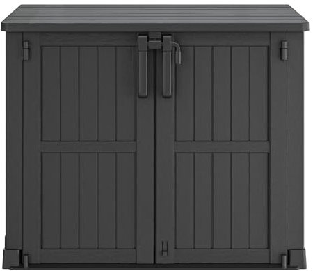 LHBGO Abri de rangement horizontal en résine de 10 m³, très grande capacité, résistant aux intempéries, abri de jardin étanche pour poubelles, outils de jardin, noir