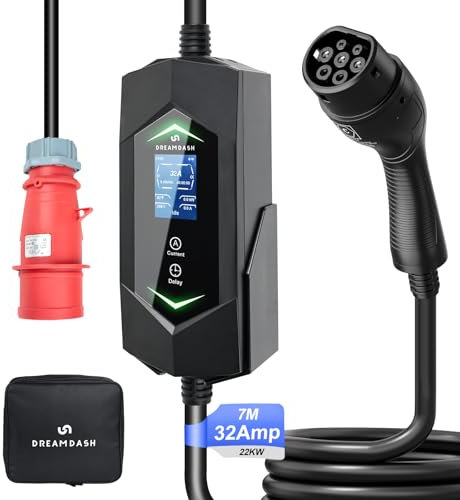 Mobile Wallbox Ladestation 22KW [3-phasig], 7M Ladekabel rot CEE 32A auf Typ 2 IEC 62196-2 Stecker, verstellbar 6-32A, 1-12 Stunden, für Model Y/3, ID.3/4/5, MG4, EX30, e-up, e-tron und BEV/PHEV