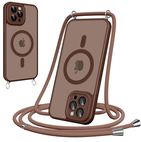 Woijrly Funda Magnética con Cuerda para iPhone 13 Pro, Carcasa Antigolpes Case Translúcida Mate Anti-Arañazos, Cover con Correa Colgante Ajustable Collar Colgar de Cuello Cadena Cordón, Marrón