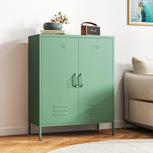 Bekrvio Kommode Optimierter Belüftung – Metall Sideboard mit Doppeltür, Metall Kommode verstellbaren Regalböden, stabil & langlebig, mit durchdachter Anleitung,Mehrzweckschrank (Dunkelgrün)
