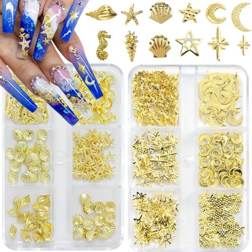 Shimmerz 2 Boxes Golden Nail Charms Gold Stars Ocean Nail Jewels Charms Metal Small Stars Moon Shell Starfish for Nail Rhinestones DIY