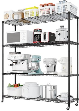 LEADZM Lagereinheit mit 4 Regalböden, auf Rollen, mit höhenverstellbaren Einlegeböden und Nivellierfüßen, mit seitlichen Haken, 117 x 45 x 165cm, Schwarz (Schwarz, 4 stöckiges mit Rollen)