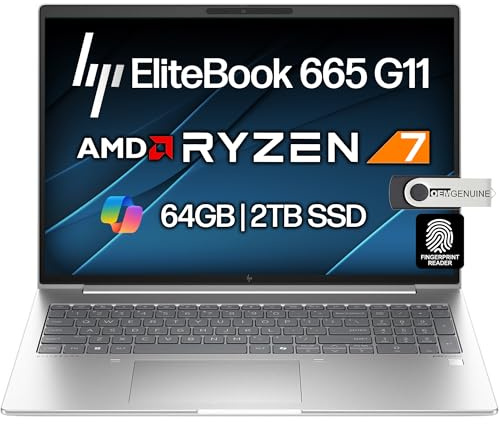 HP EliteBook 665 G11 Business Laptop 16 FHD+ Display, AMD Ryzen 7 7735U (Beats i7-1355U), 64GB DDR5 RAM, 2TB SSD PCIe, tastiera retroilluminata, impronte digitali, Wi-Fi 6E + BT, RJ-45, webcam HD