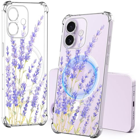 Tveinan Magnetisch Handyhülle für iPhone 17 Hülle Transparent Kompatibel mit MagSafe, Dünne Silikon Schutzhülle Durchsichtig mit Blumen Muster Stoßfest Bumper Klar Case für iPhone 17, Lila Lavendel