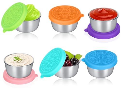 Lot de 6 pots à sauce avec couvercles, bocaux à salade en acier inoxydable de 50 ml, mini récipients avec couvercles en silicone, petit distributeur de sauce