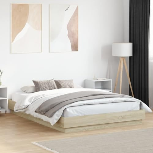 Frdhee Polsterbett Palettenbett, Bettgestell mit LED -Eiche 120x200 cm, Modern, Gästebett, Einfacher Aufbau