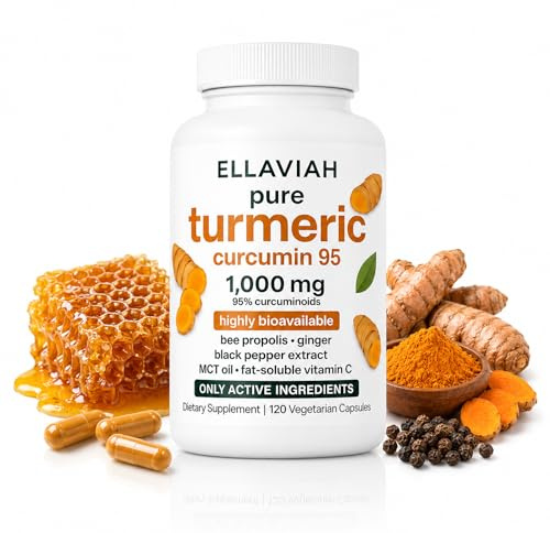 ELLAVIAH Curcuma Curcumine 95% 1000 mg par Portion avec Gingembre, Propolis d’Abeille, Poivre Noir, Huile MCT et Vitamine C, Complément Alimentaire, 120 Gélules