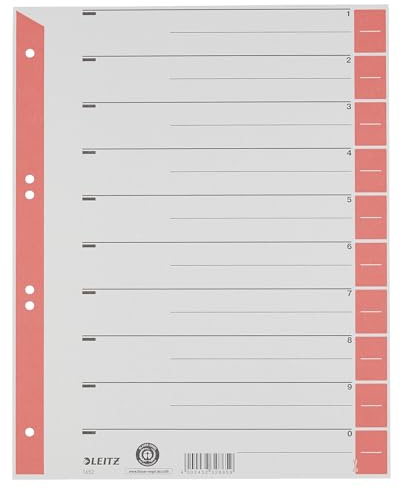 Leitz Register für A4, Deckblatt und 10 Trennblätter, Taben individuell zuschneidbar, 100 Stück, Überbreite, Grau/Rot, 100% Recyclingkarton, 16523025