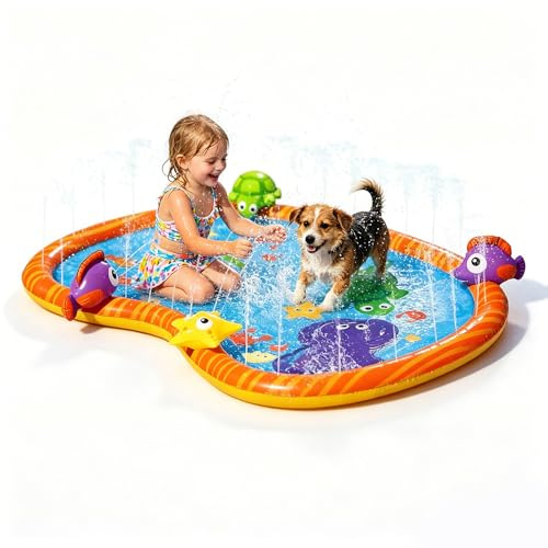 Splash Pad for Kids, SGZIOO Sprinkler Mat for Kids, 140 x 100 CM, Dog Paddling Pool with Sprinkler, Splash Pool for Toddlers Pets Summer Garden Outdoor Play