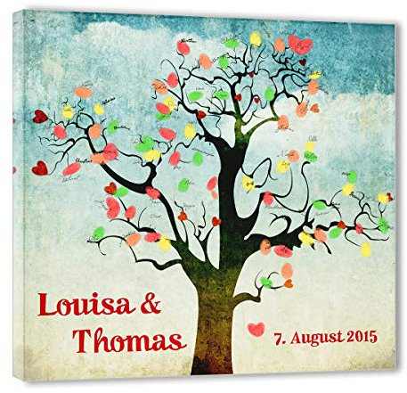 Wedding Tree Leinwand 60x60 mit NAMEN & DATUM - INKL Zubehör-Set (Stempelkissen+Stift+Anleitung+Hochzeitsbuch+...) - Herzchen Cloud - Hochzeitsbaum Fingerabdruck