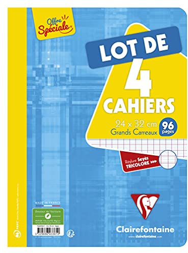 Clairefontaine 643361C Lot de 4 Cahiers Agrafés - 24x32 cm - 96 Pages Grands Carreaux - Papier Blanc 90 g - Couverture Carte Pelliculée Couleurs Aléatoires