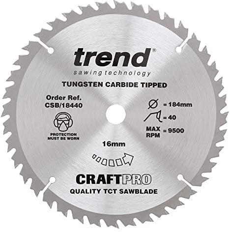 Trend Wood Circular Saw Blade, 184mm Diameter, 16mm Bore, 40 Teeth, 2.6mm Kerf, +10° Hook, TCT, Fine Finish, CSB/18440