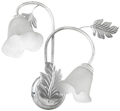 ONLI - Applique 2 luci in metallo bianco spennellato. 2 x E14. Decorazione con foglie, calle in vetro bianco satinato