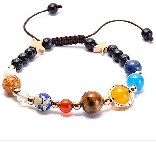Aoweika Planet Bracelet Solar System Universe Galaxy Bracelet Handmade Natural Stone Bead Bracelet String Adjustable Astronomy Gifts Bangle for Women Men Kids