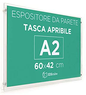 Espositore in plexiglass di ALTISSIMA qualità, da parete, targa a tasca apribile in plexiglass, porta avvisi e depliant formato A2 60x42 cm, completa di distanziali in alluminio (A2 Orizzontale)