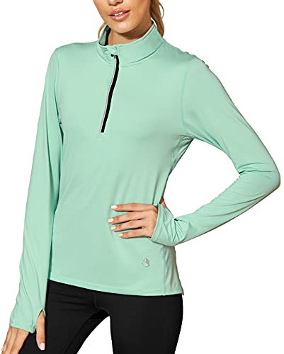 icyzone Damen Sport Langarm Shirts 1/4 Reißverschluss Laufshirt Langarmshirt mit Daumenloch Fitness Oberteile (L, Brook Green)