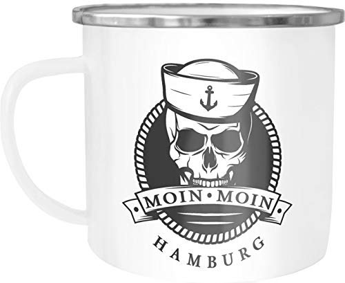 Moonworks® Emaille Tasse Becher Totenkopf Matrose Anker Motiv Skull Emblem Schriftzug Moin Moin Hamburg Kaffeetasse weiß-metall Emailletasse