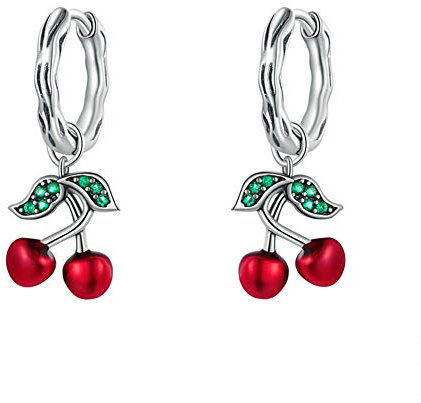 Joielavie Ohrringe Creolen aus Sterling-Silber 925 für Damen und Mädchen, Frucht, Kirsche, emailliert, Blatt, Zirkonia, Grün, Anhänger Schmuck, Sterling Silber