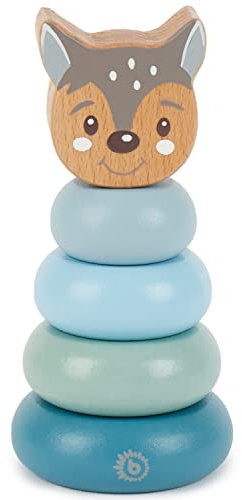 Bieco Stapelturm Holz REH | 13,5 cm, Blau-Grün | Steckspiel ab 1 Jahre | 5 TLG. Steckpyramide | Modernes Holzspielzeug Baby | Bausteine Holz zum Stapeln | Motorikspielzeug Baby | Stapel Holzring Baby