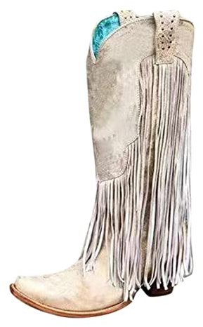 Stivali da Donna in Pelle con Cinturino Incrociato al Ginocchio con Fibbia Scarpa con Tacco Basso (Beige, Numeric_40)