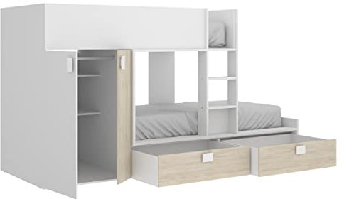 DEKIT GRUPO RIMOBEL MATT - Cama Tren con 2 camas Juvenil, color Blanco / Natural, 150x275x106 cm