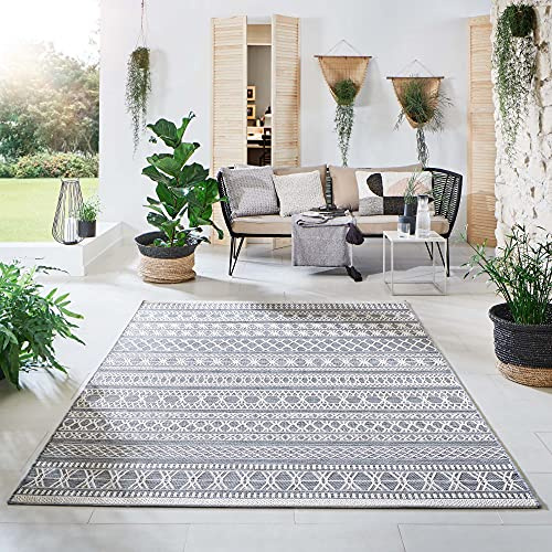 Steffensmeier Indoor Outdoor Teppich Nyland wasserfest Kunststoff Balkon Garten Flur, strapazierfähig und pflegeleicht, Streifen Grau, Größe: 135x190