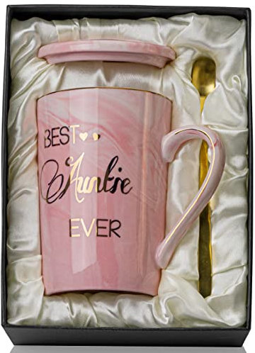 Doublewhale Auntie Gifts, Birthday Gifts for Aunty, Best Auntie Birthday Gift from Niece Nephew, Funny Marble Coffee Mugs with Gold Printing for Aunty, 14OZ Pink Ceramic Cup with Spoon Lid Card