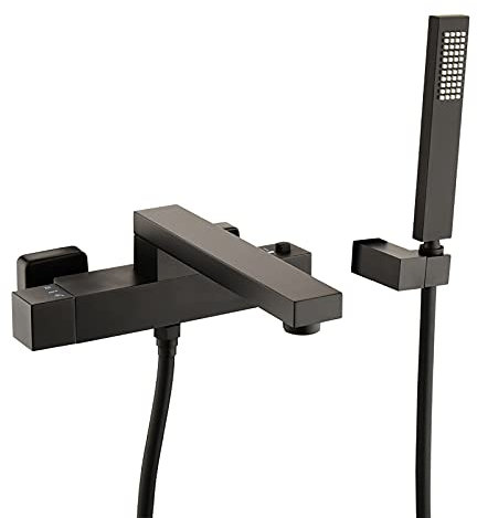 SHUGUANG Noir Robinet de Baignoire Thermostatique Mitigeur de Baignoire avec Douchette à Main, Laiton Montage Mural Mitigeur de Douche Double Poignée Robinet de Douche