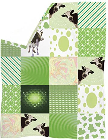 HUGS IDEA Blaneket Damen-Überwurf, Kuhflecken, Patchwork, Punkte, Streifen, Y2K, kariert, Collage, Sherpa-Überwurf, Mikrofaser-Decken, Grün - 3XL
