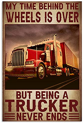 JIUFOTK Retro Red Truck Metallschilder My Time Behind The Wheels Is Over Poster Trucker Sammlerstück Kunst Plakette Home Office Garage Wanddekoration 30,5 x 40,6 cm