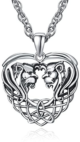 KINGWHYTE Keltischer Knoten Halskette Sterling Silber Löwe Halskette Liebe Herz Anhänger Keltischer Knoten Schmuck Geschenke für Frauen Mädchen Freund Männer