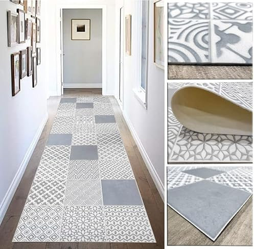Tadi & Imperio1979 Alfombra Vinílica hidráulica de Baldosas para salón y Colores Gris Plata sobre Fondo Marfil para Cocina, para Pasillo, Baño o Dormitorios - Moqueta Vinilo