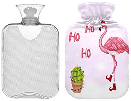 Winter-Flamingo-Weihnachtsmannmütze, Wärmflasche, 2 l, Weihnachtsvogel, Kaktus, Pflanze, Winter, Wärmflasche, weicher Plüschbezug, Handfüße, Wärmer für Kinder, Männer, Frauen