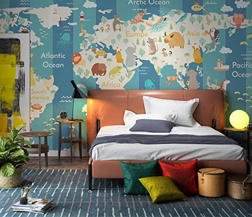 TANYANG Murale Personnalisée Papier Peint Home Decor Carte Du Monde Animaux Pour Enfants Chambres Décoration De Chambre D’Enfants 150Cm(W)×105Cm(H)