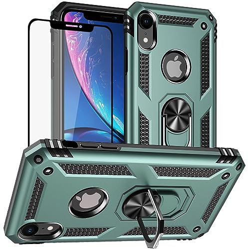 für iPhone XR Hülle, Handyhülle iPhone XR mit Schutzfolie, Stoßfest Schutzhülle Mit Ring Standfunktion Case Cover für iPhone XR (Dunkelgrün)