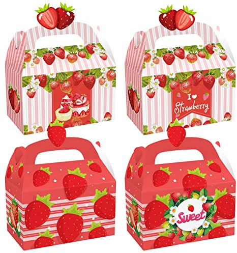 CIEOVO 24 Stück Erdbeer-Plaid-Geschenkboxen, Erdbeer-Party-Geschenkboxen, recycelte Party-Geschenkboxen für Sweet One Strawberry Thema Partyzubehör Dekoration