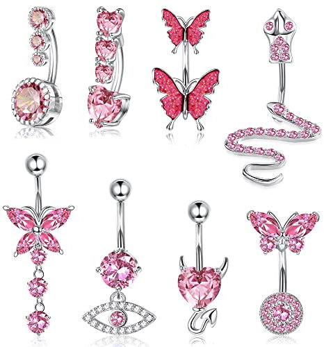 Adramata 8Pcs Piercing Nombril Acier Inoxydable,Mignon Serpent Plaqué Or Mauvais œil Coeur Clair CZ Papillon,14G Piercing Nombril Pendant pour Femme,Pink