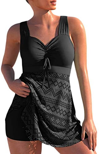 Femme Tankini Set Ventre Push up Maillots de Bain 2 pièces Dentelle Découpé Evidé Top Bikini Swimsuits avec Short de Bain Grande Taille (Noir,3XL)