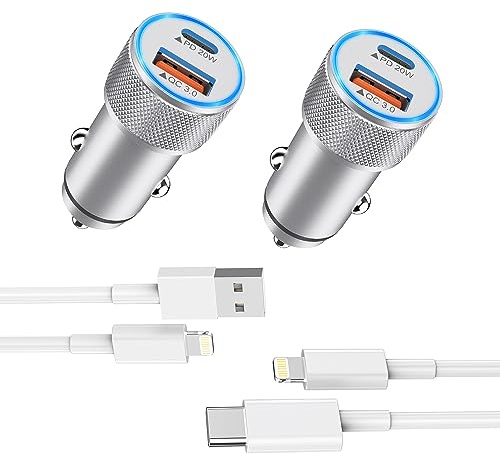 Fast iPhone Car Charger,【2Pack】38W Dual Port PD&QC3.0 Fast Charger Car [Apple MFi Certified] Cigarette Lighter Car Power Adapter with 2pack Lightning Cable for iPhone 14/13/Pro/Max/12/11/X/8 (Silver)