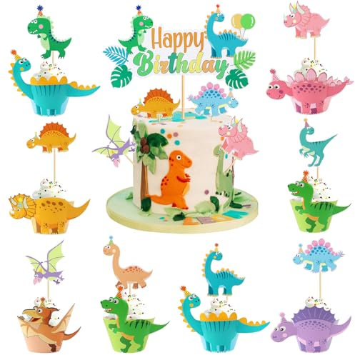 Xionghonglong 49 Stück Dino Cupcake Topper, Tortendeko Dinosaurier, Muffinförmchen und Kuchendekoration für Baby Shower und Kindergeburtstag
