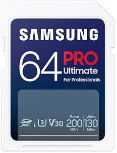 SAMSUNG PRO Ultimate Full Size 64GB SDXC Memory Card, Up to 200 MB/s, 4K UHD, UHS-I, C10, U3, V30, A2 for DSLR, Mirrorless Cameras, PCs, MB-SY64S/AM